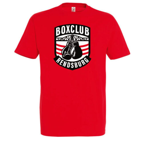 Rotes T-Shirts Boxclub Rendsburg mit großem Logo auf der Front.
