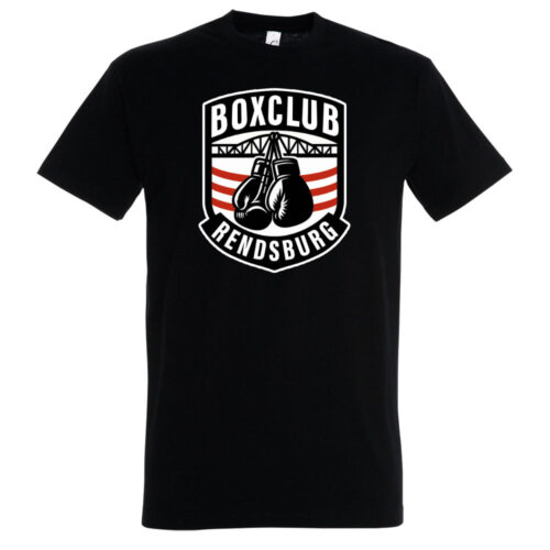 Svchwarzes T-Shirts Boxclub Rendsburg mit großem Logo auf der Front.