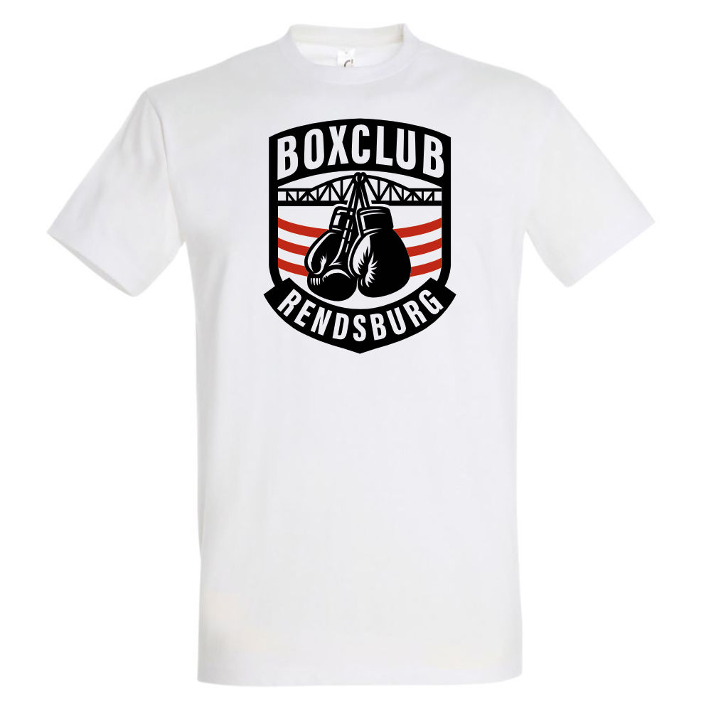 Weißes T-Shirts Boxclub Rendsburg mit großem Logo auf der Front.